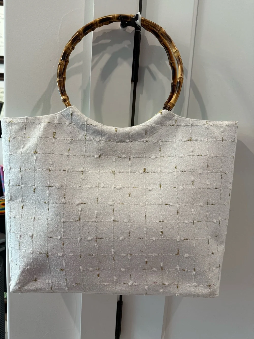 White Tweed Tote Bag with Bamboo Handles